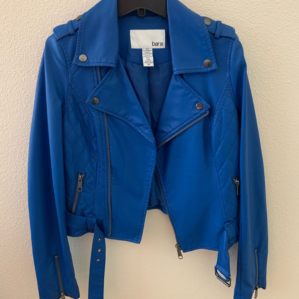Blue Faux Leather Moto Jacket